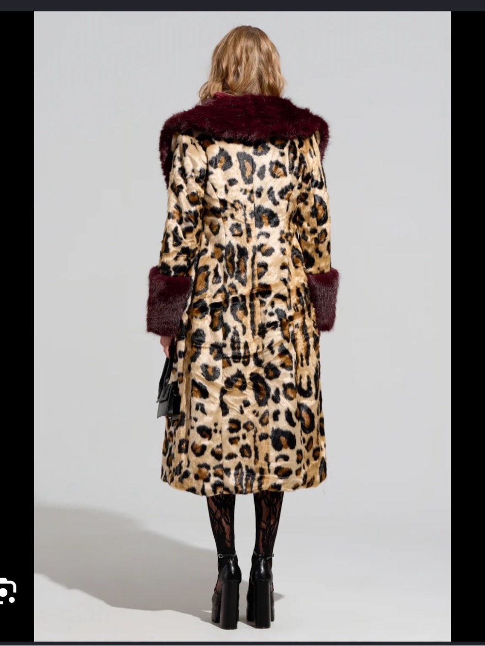 AKIRA Leopard Print Faux Fur Trim Long Coat in Tan and Burgundy - Picture 2 of 5